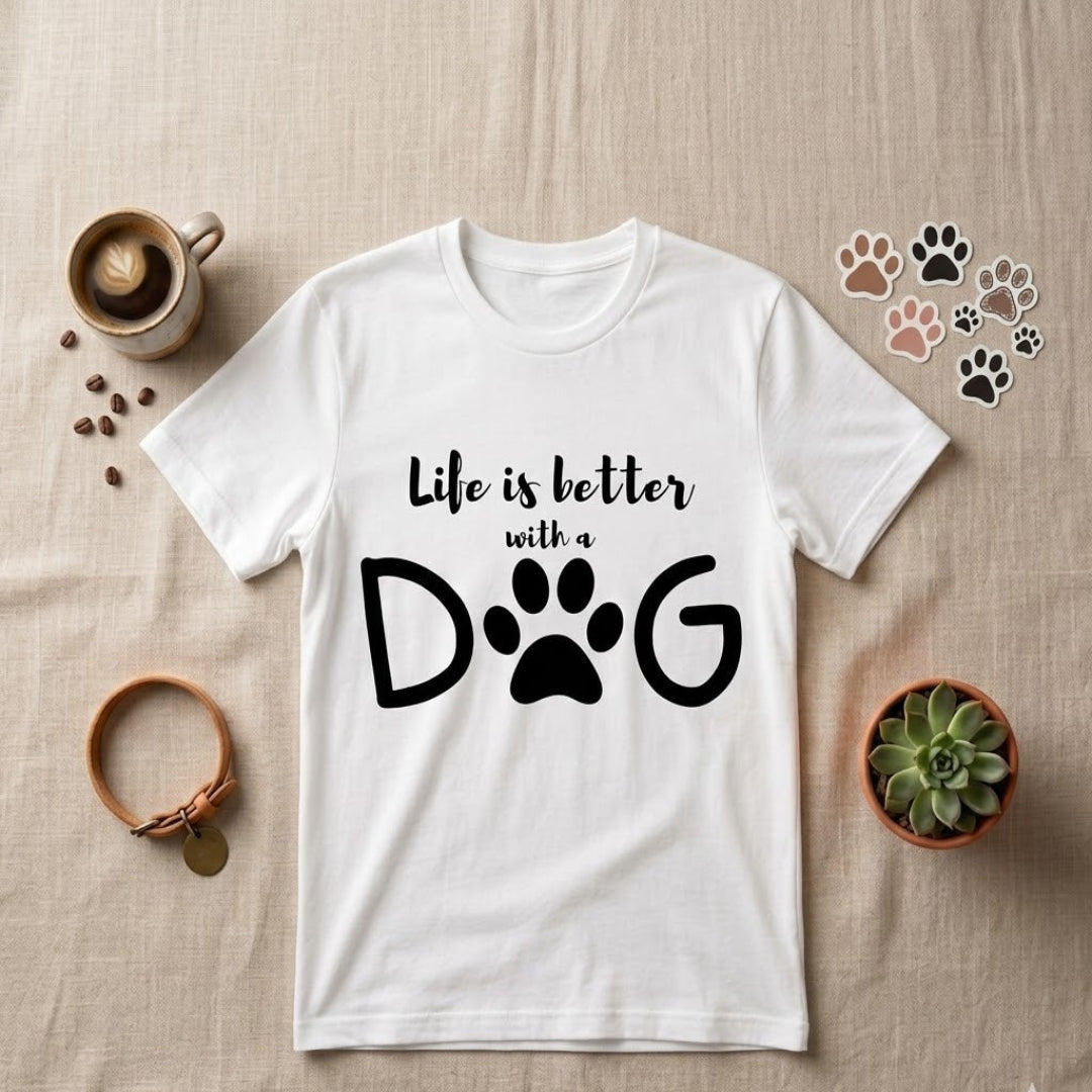 White t-shirt with 'Life is better with a dog' text on a beige surface with decorative items.