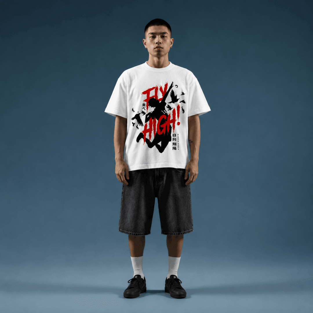Fly High Oversized Anime T-Shirt | White Premium Streetwear Tee - Zen Street