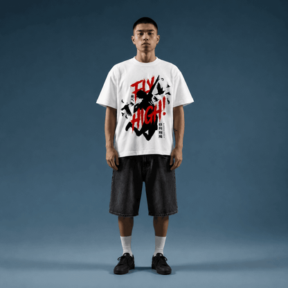Fly High Oversized Anime T-Shirt | White Premium Streetwear Tee - Zen Street